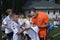 Football player Ismaily, Shakhtar soccer team, signing autographs to children