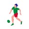 Football player. Man in green shirt and red shorts runs behind a ball. Flat with texture vector illustration.