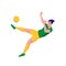 Football player. Man in green shirt and yellow shorts punch to the ball  in falling. Flat with texture vector illustration.