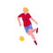 Football player. Man in red shirt and blue shorts runs behind a ball. Flat with texture vector illustration.