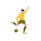 Football player. Man in yellow shirt and green shorts punch to the ball. Flat with texture vector illustration.