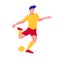 Football player. Man in yellow shirt and red shorts punch to the ball. Flat with texture vector illustration.