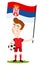 Football player for Serbia, cartoon man holding Serbian flag wearing red shirt and shorts