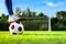 Football player set ball football on grass at freekick point before shoot or kick to win a score in international league football