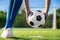 Football player set ball football on grass at freekick point before shoot or kick to win a score in international league football