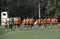 Football players warming up before training on a stadium. Shakhtar soccer team, sport base Sviatoshyn