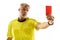 Football referee showing a red card to a displeased player isolated on white background