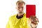 Football referee showing a red card to a displeased player isolated on white background