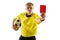 Football referee showing a red card to a displeased player isolated on white background