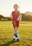 Football or soccer athlete, girl or player learning, training and exercise for healthy child development. Portrait of