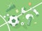Football / Soccer Background With Sport Equipment. Monochrome Green Illuminated Field.