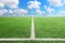 Football and soccer field grass stadium Blue sky background