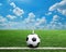 Football and soccer field grass stadium Blue sky background