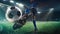 Football or soccer player in action on stadium with flashlights, kicking ball for winning goal, wide angle