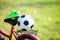 Football and soccer shoes with blurry of red bicycle and green grass