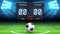 Football stadium background. Realistic soccer ball in green field. Stadium electronic sports scoreboard with soccer time