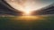 Football stadium classic image background with sunset in the background, warm light on the field and a wide-angle view