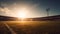 Football stadium classic image background with sunset in the background, warm light on the field and a wide-angle view