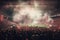 Football stadium with lit lights, flares and smoke bombs. Generative AI