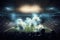 Football stadium with lit lights, flares and smoke bombs. Generative AI