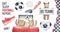 Football Theme watercolour illustration collection with funny brown bears, handwritten text lettering and colorful game symbols.