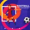 Football Tournament Poster Design With Faceless Footballer Player In Playing Pose And Gradient Movement Wave On Blue