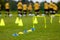 Football Training Session. Soccer Balls, Pylons, Cones, Marks and Training Hurdles on Grass Pitch