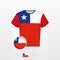 Football uniform of national team of Chile with football ball with flag of Chile. Soccer jersey and soccerball with flag