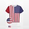 Football uniform of national team of USA with football ball with flag of USA. Soccer jersey and soccerball with flag