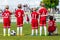 Football young boys team. Football soccer match for children. Young boys of football socce