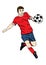 Footballer with a ball, vector hand drawing. Football player in a red blue uniform runs