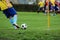 Footballer kicking the ball during the football match