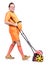 Footballer pushing lawn mower