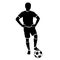 Footballer silhouette. Black football player outline with a ball, isolated on white background. Vector illustration