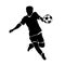 Footballer silhouette. Black football player outline with a ball, running and scoring goal, isolated on white background