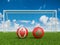 Footballs in flags colors on soccer field. Canada with Morocco. 3d