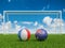 Footballs in flags colors on  soccer field. France with Australia. 3d