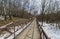 A footbridge at the bottom of a small ravine