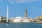 The footbridge of the Commerce basin, the Volcan theater and St. Joseph\\\'s Church in Le Havre, France