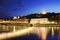 Footbridge, courthouse and basilica at Lyon city with citylights, France