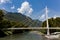 Footbridge in the middle of the forest, beautiful architecture. Below you can see the Ticino River. Aerial view