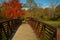 Footbridge to picnic site amid autumn colors