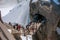 Footbridge with tourists on the Aiguille du Midi in French Alps