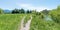 Footpath along Loisach river, beautiful moor landscape near Benediktbeuern, bavaria