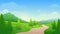 Footpath through the beautiful hills and pine forests cartoon landscape