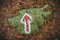 Footpath signal into the forest in a rainy day Alps Italy