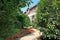 Footpath winding its way through a tranquil garden