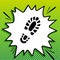 Footprint boot sign. Black Icon on white popart Splash at green background with white spots. Illustration
