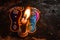 Footprint of god on indian festival diwali deepawali with fire isolated on table