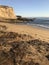 Footprints crossing california coastline with ocean, cliff, beach, rocks and clear blue sky